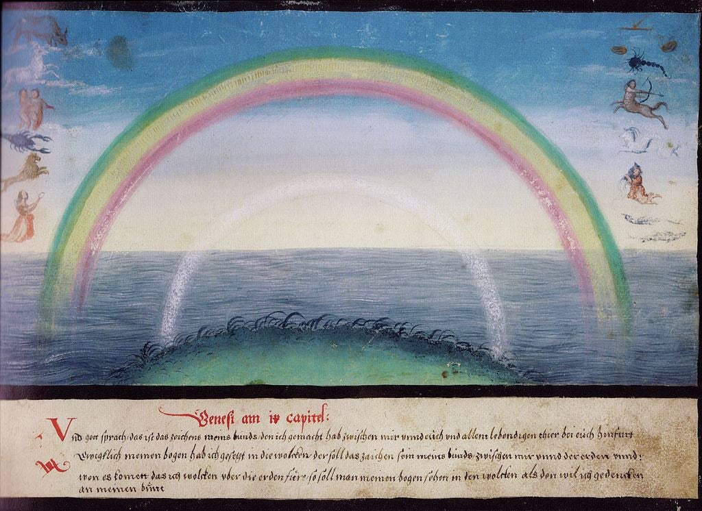 Medieval painting of rainbow with mythical creatures on either side.