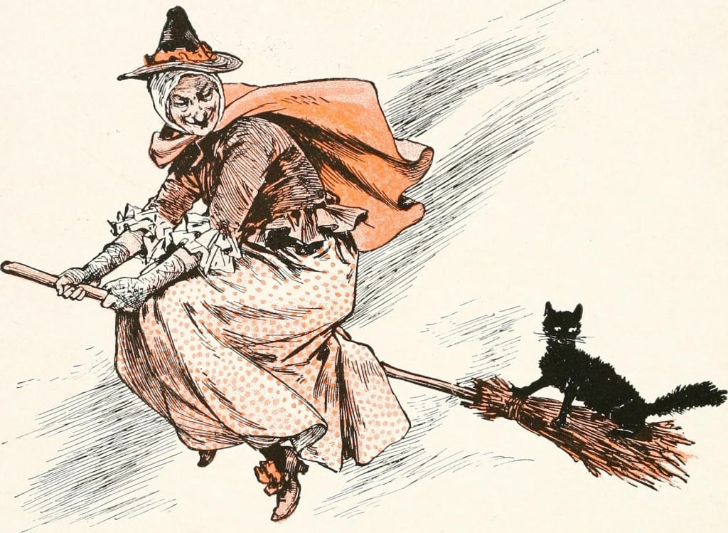 drawing of a witch on a broom with a cat