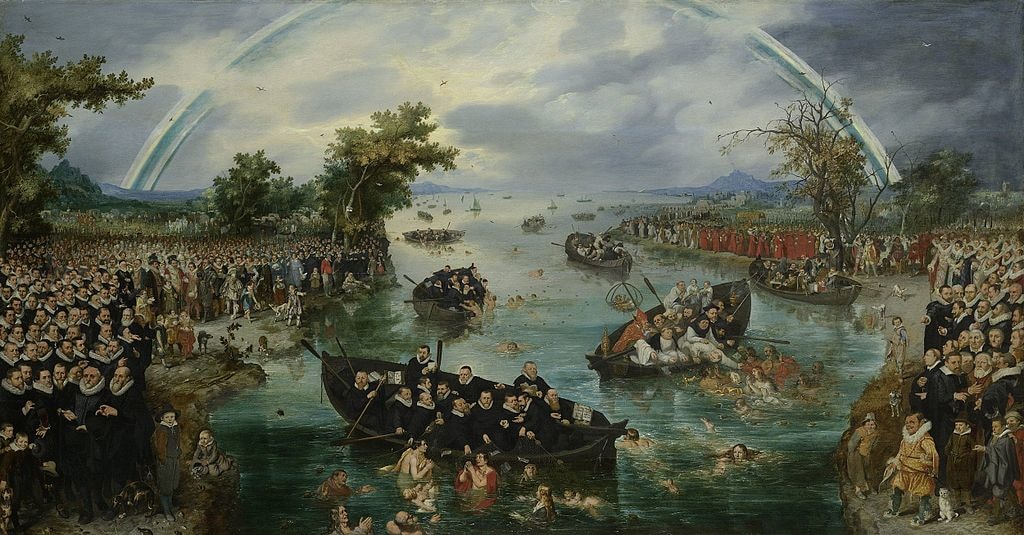 Medival painting of people in boats on river with blue-white rainbow overhead.