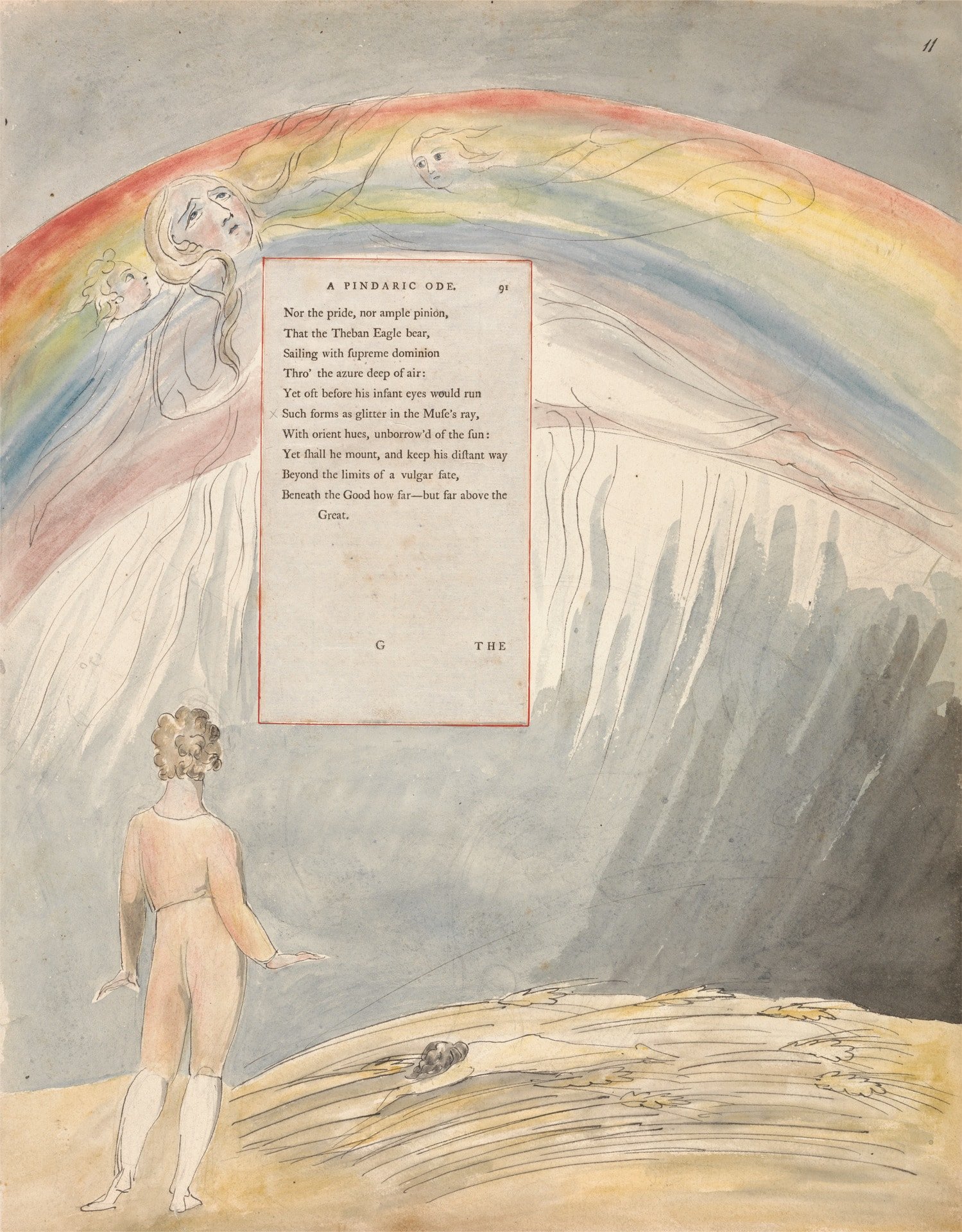 Poem by William Blake and rainbow illustration in background.