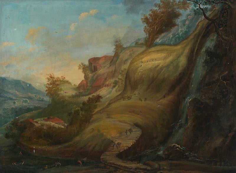 A painting of a hillside that resembles a man's face