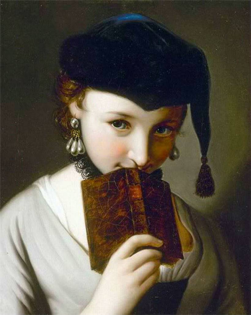 Painting of woman holding book in front of her mouth.