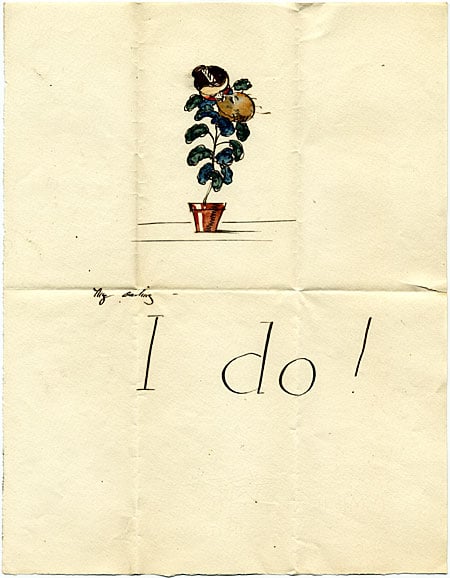 Sketch of potted plant and the words "I Do!"