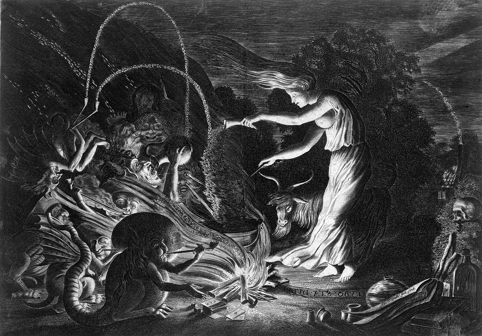 black and white image of a woman casting spells in the forest surrounded by animals