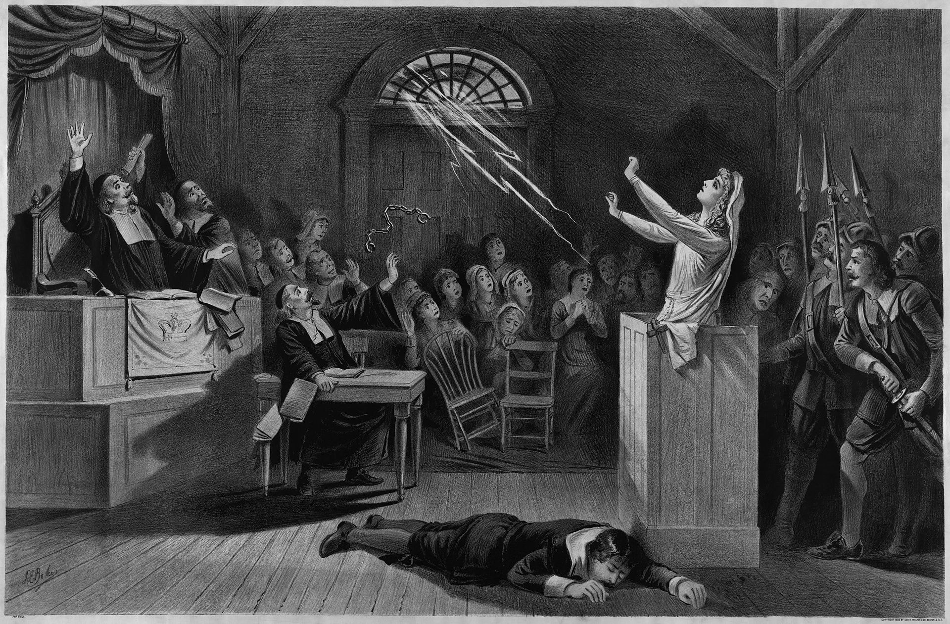black and white painting of a woman on trial for being a witch