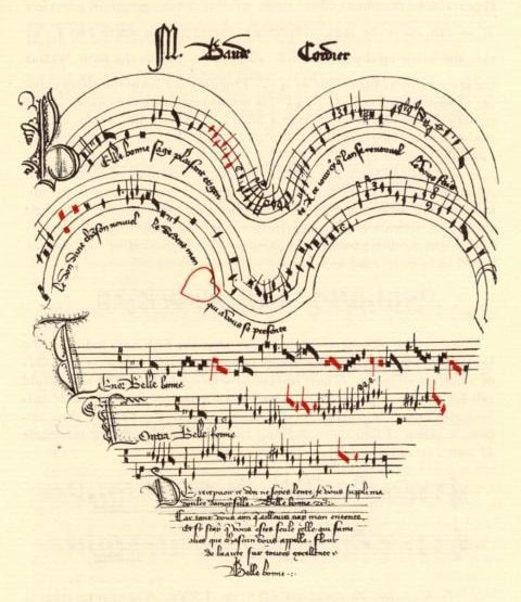 Medieval sketch of heart, inside are music staffs and Latin writing