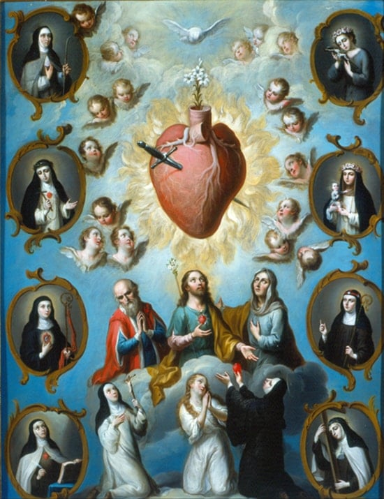 Painting of Jesus and saints looking up at a heart with dagger surrounded by flames
