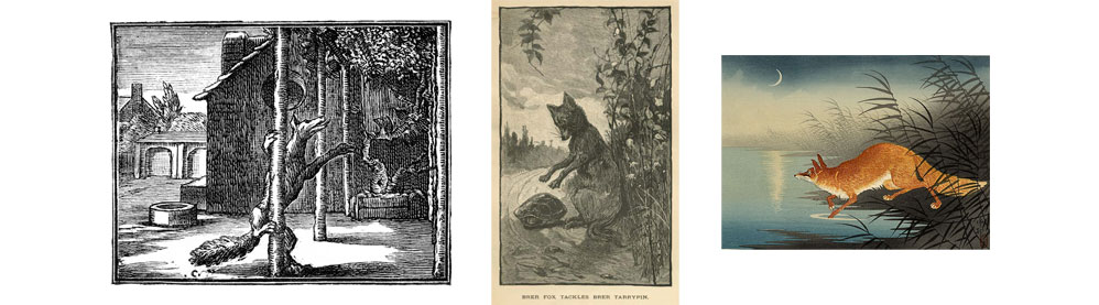 Collage of illustrations of foxes in world myth.