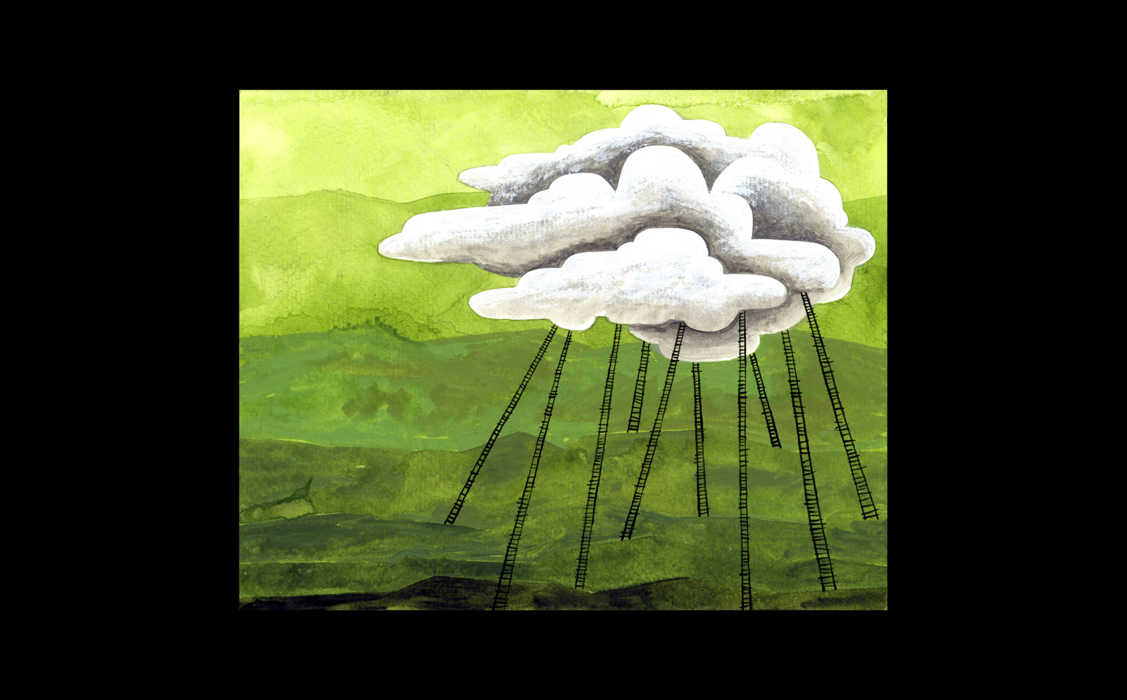 An illustration of clouds with ladders reaching down to the ground