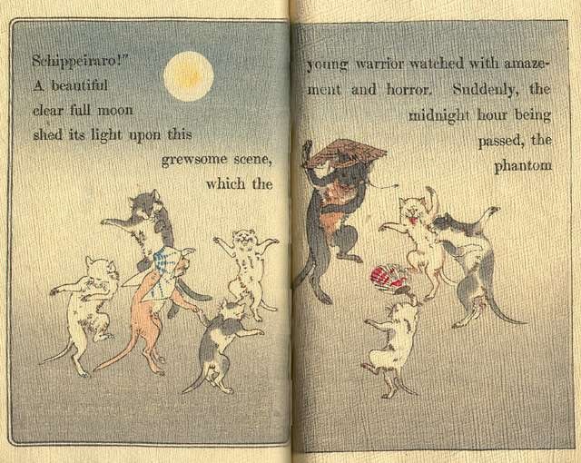 page from Japanese fairytale book with dancing cats