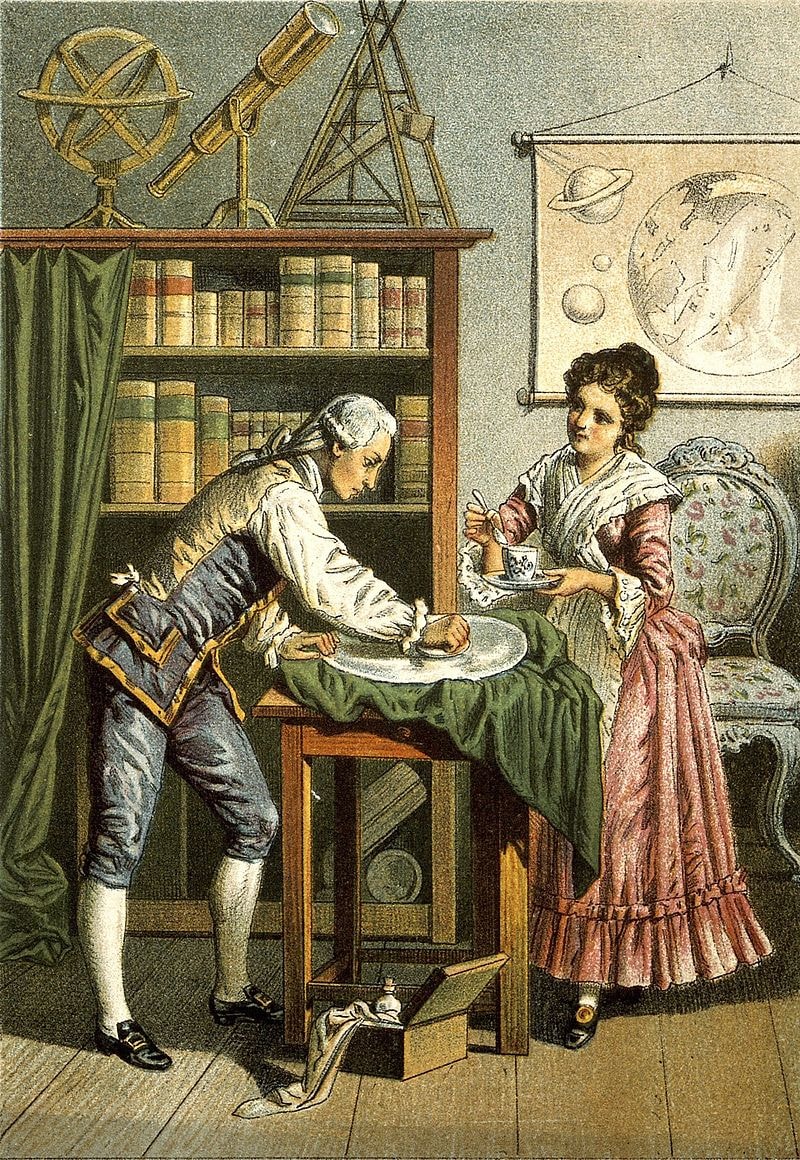 Illustration of Caroline and William Herschel with astronomy equipment