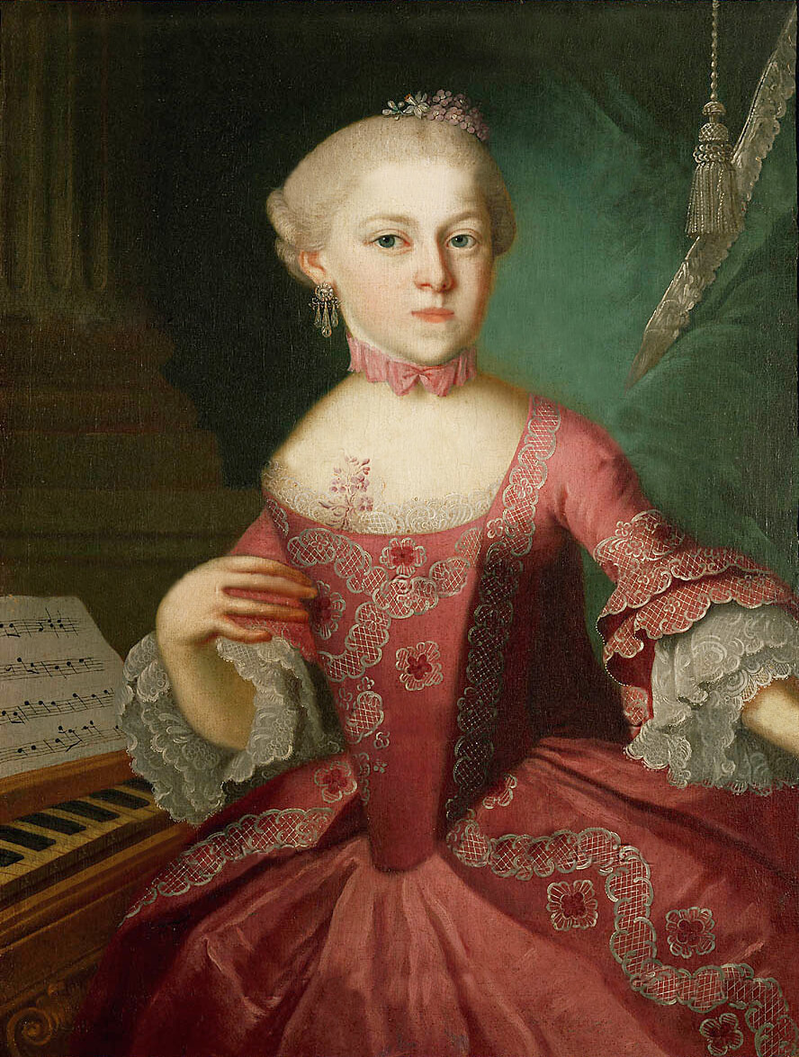 Painting of Maria Anna Mozart in pink dress next to piano