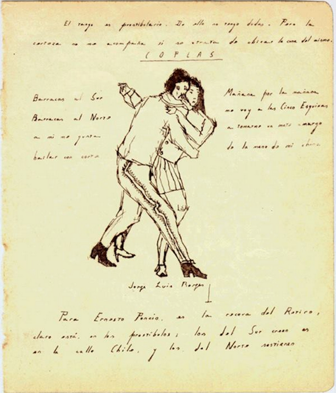 Sketch of man and woman dancing tango by Jose Luis Borges