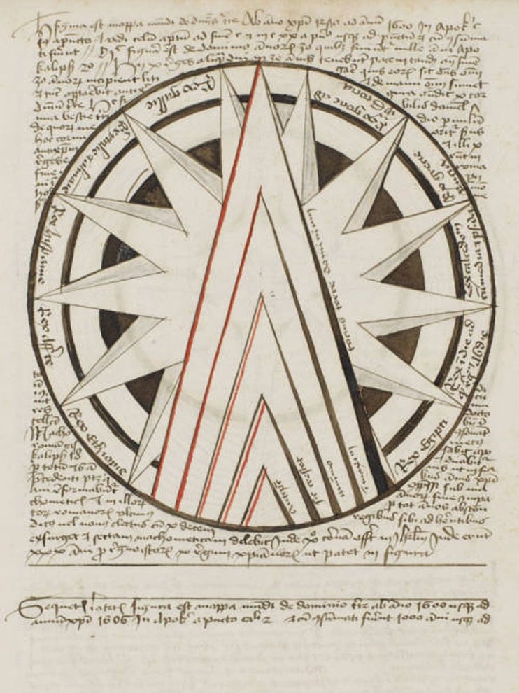 Medieval sketch of sun and arrow shape with Latin writing.