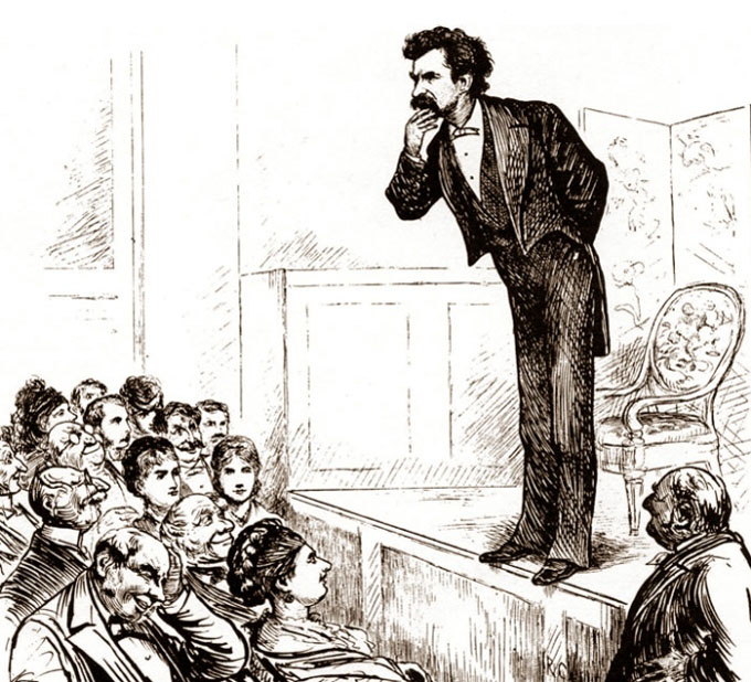 drawing of Mark Twain speaking to a crowd