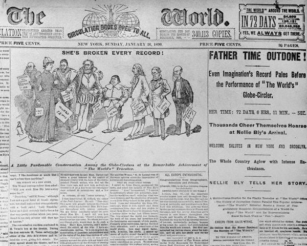 Front page of The World newspaper with cartoon of Nellie Bly