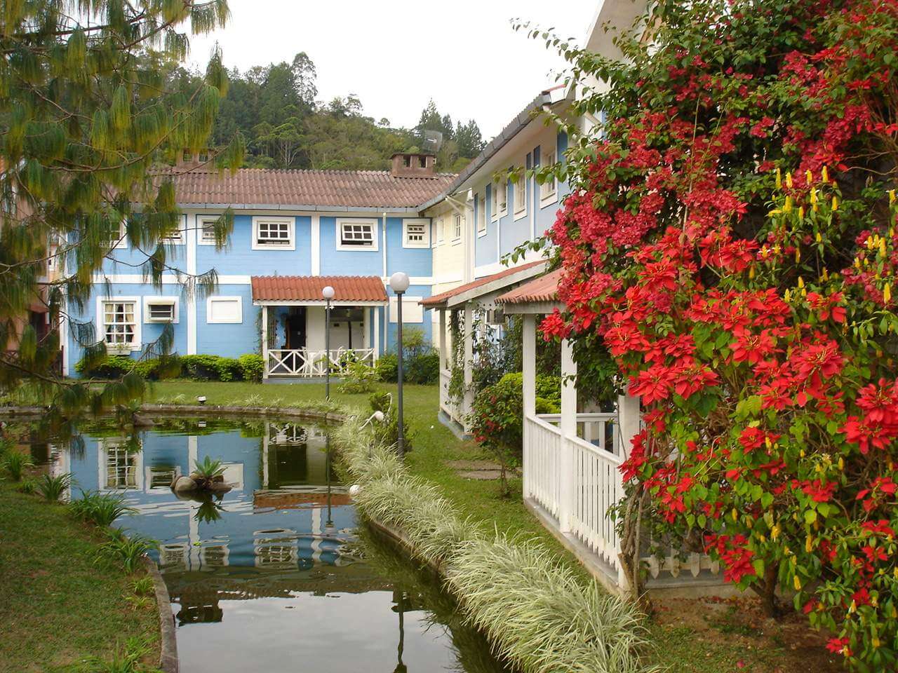 A blue building with clay tile room, with a stream out front. 