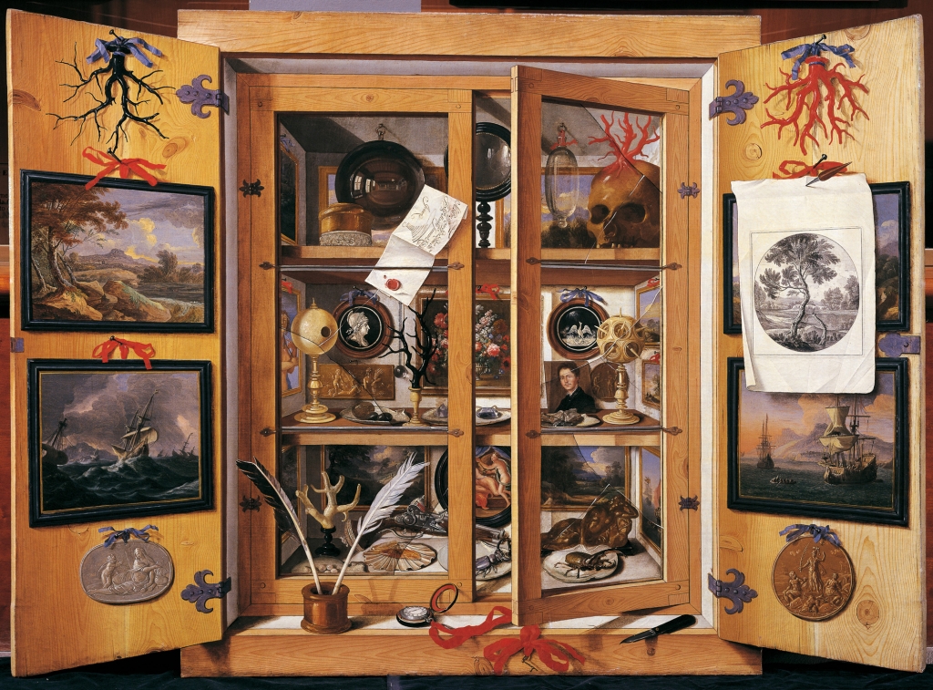 Painting of cabinet with paintings and historical artifacts.