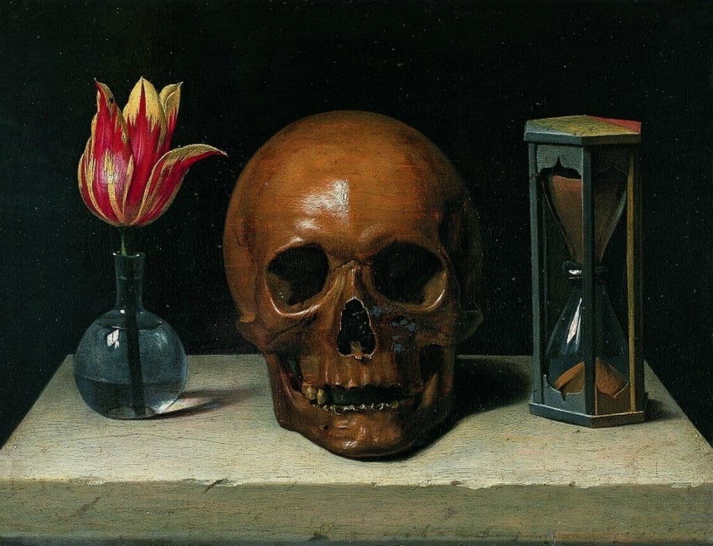 A still life painting of a skull