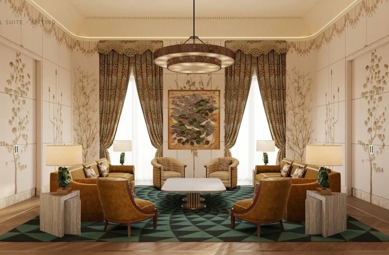 Living room with wall art and a beautiful green rug
