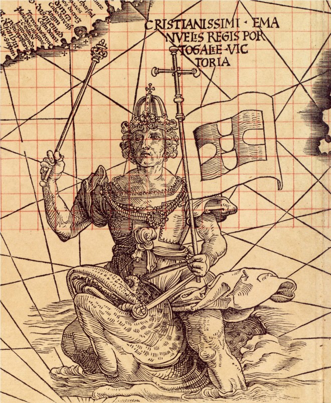 A map illustration of a king o a sea monster