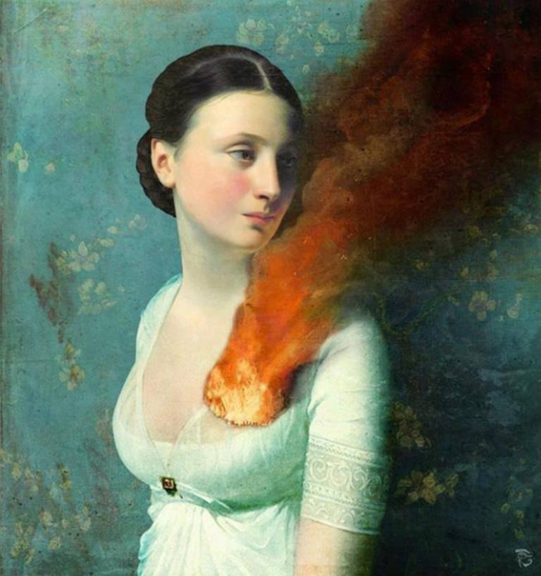 Painting of a young woman with the area of her heart afire.