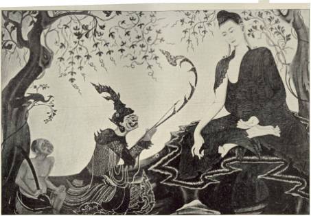 ink painting of two people meeting with Buddha