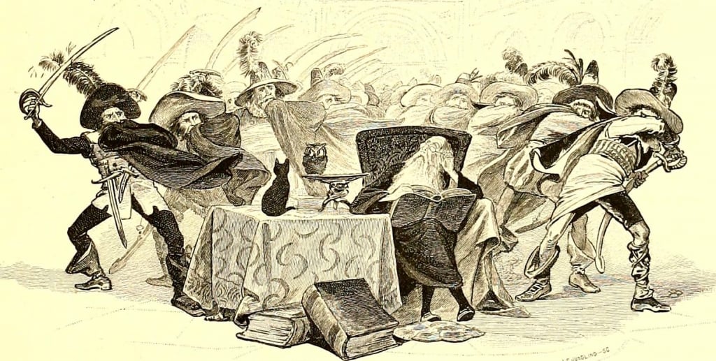 Drawing of magician in chair with owl and black cat on table, surrounded by men with swords