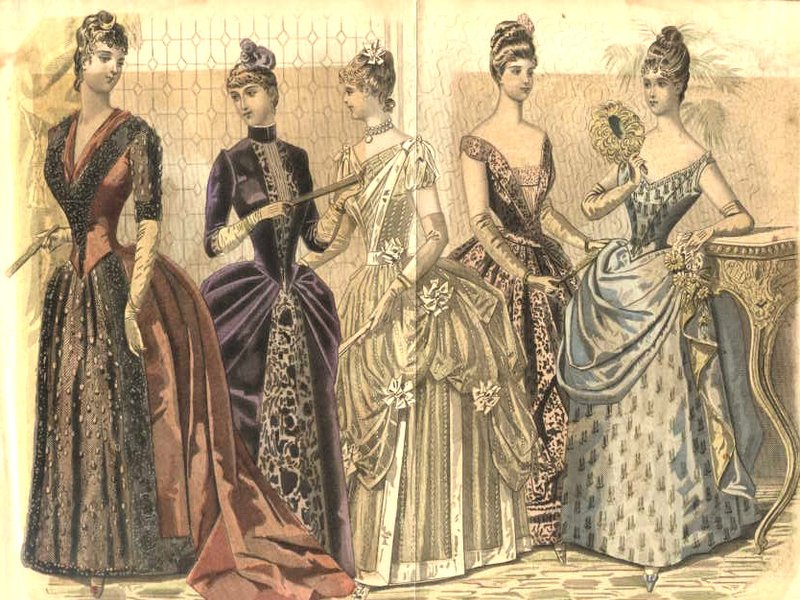 Illustration of five women in different Victorian dresses