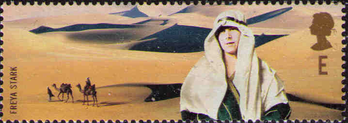 English explorer Freya Stark in the desert on a stamp.