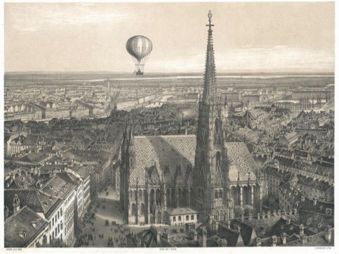 Illustration of a hot air balloon over a city