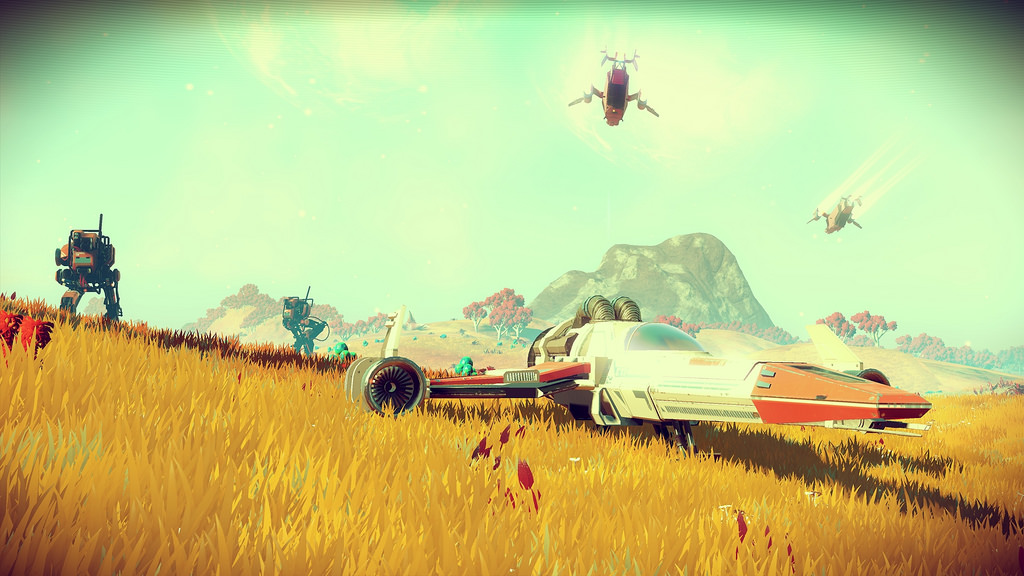 A spaceship in a field surrounded by other machines, from the videogame No Man's Sky