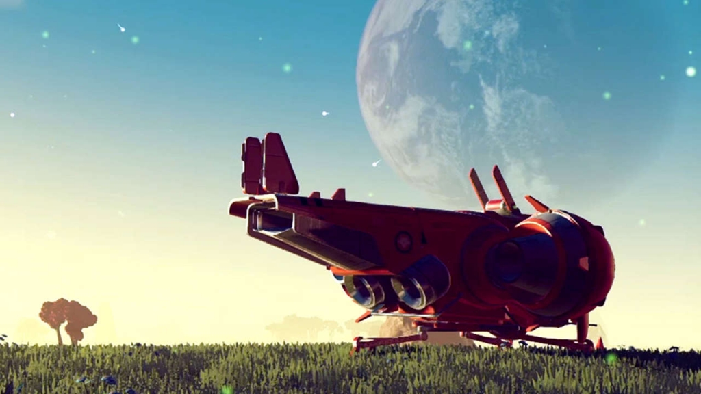 A spaceship landed in a green grass field, from the video game No Man's Sky