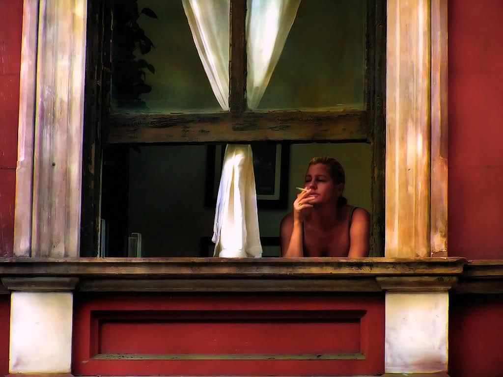 painting of a woman looking out a window smoking a cigarette 