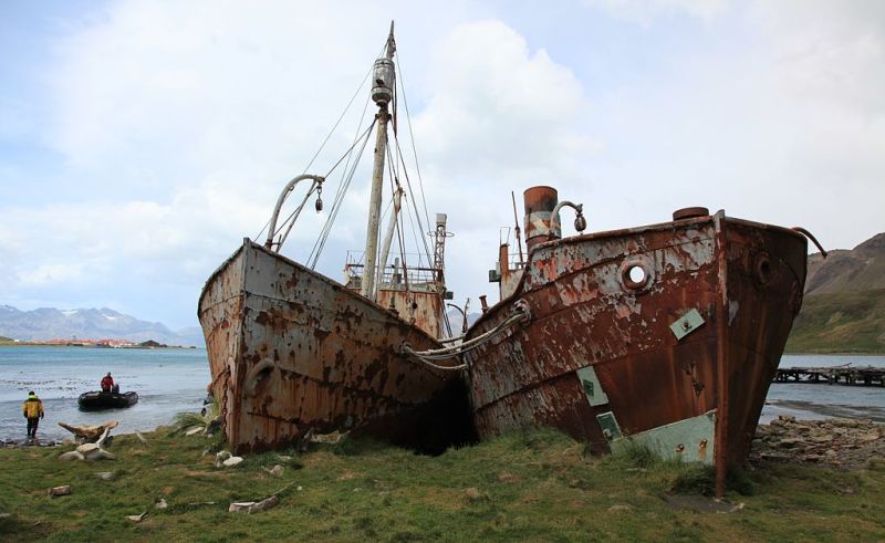 Two rusted ships on water's edge.