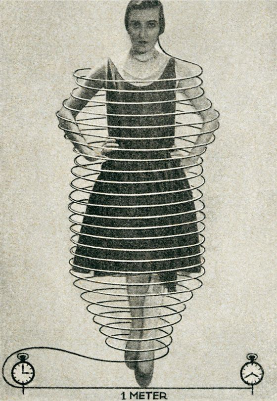 Woman in dress surrounded by concentric rings.