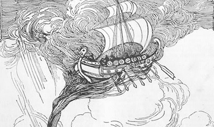 Sketch of ship caught in tornado