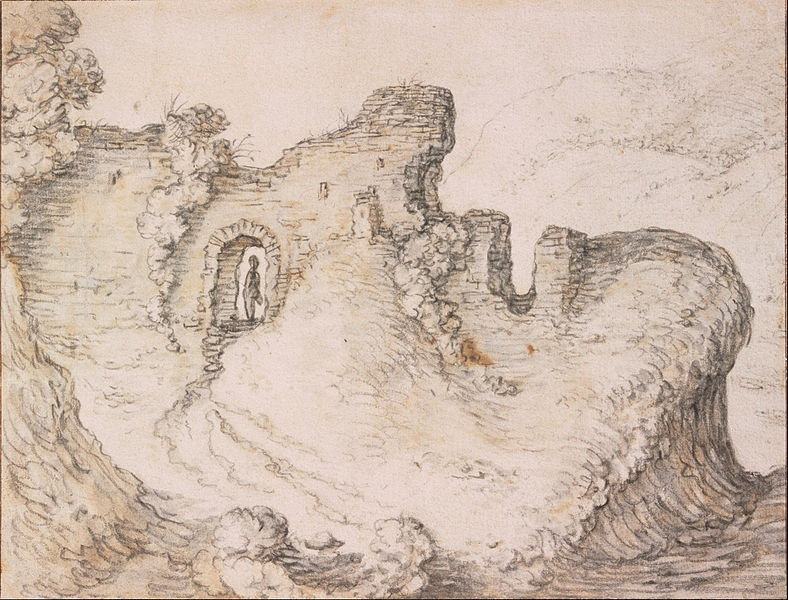Rocky landscape with ruins, forming the profile of a man’s face, by Dutch artist Herman Saftleven the Younger