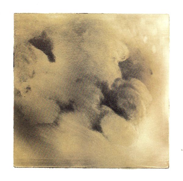 Square sepia-toned painting of clouds.