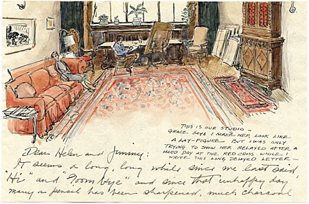 Sketch of man and woman in living room