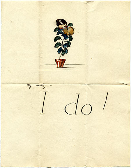 Sketch of potted plant and the words "I Do!"