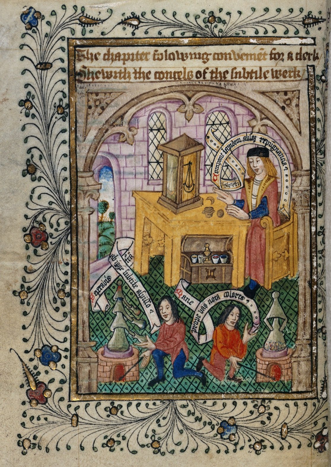 illuminated manuscript with two children and an adult