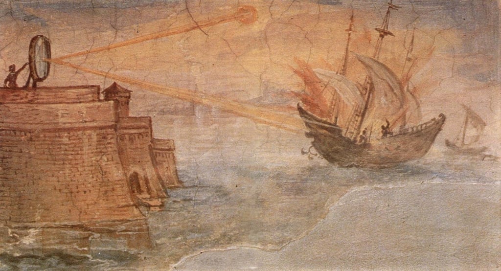 Ship being struck by beams from large glass weapon 