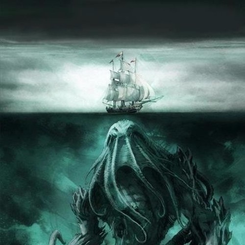 Illustration of Cthulhu sea monster floating under the water below a ship.