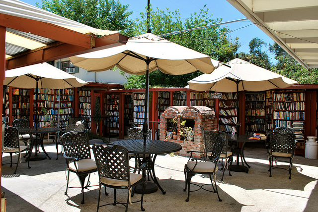 outdoor bookstore with patio umbrellas