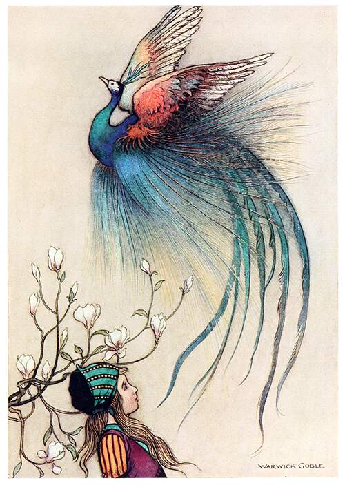 Warwick Goble painting of a girl and a peacock