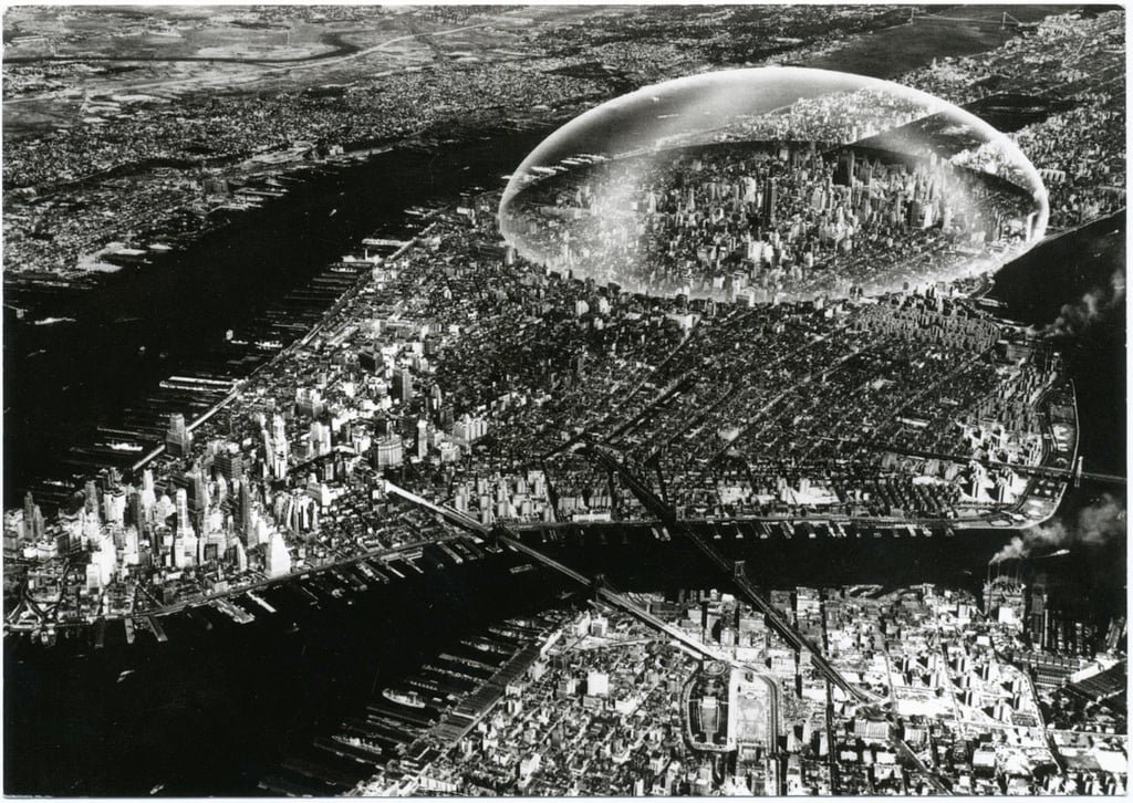 Black and white map of Manhattan with dome sketched over one section.