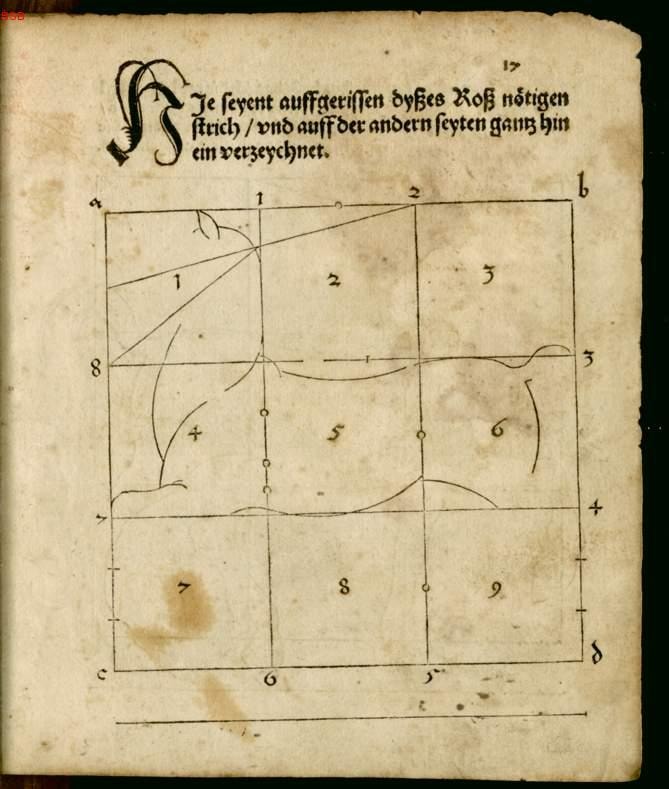 The beginning stages of drawing a horse, with grid lines to assist with proportion