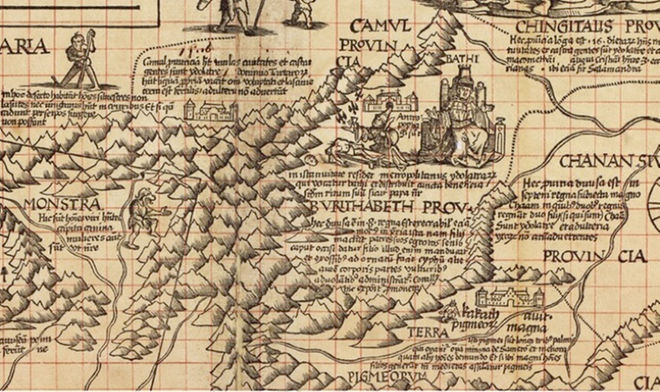 A very detailed old map showing mountains and written descriptions of cities