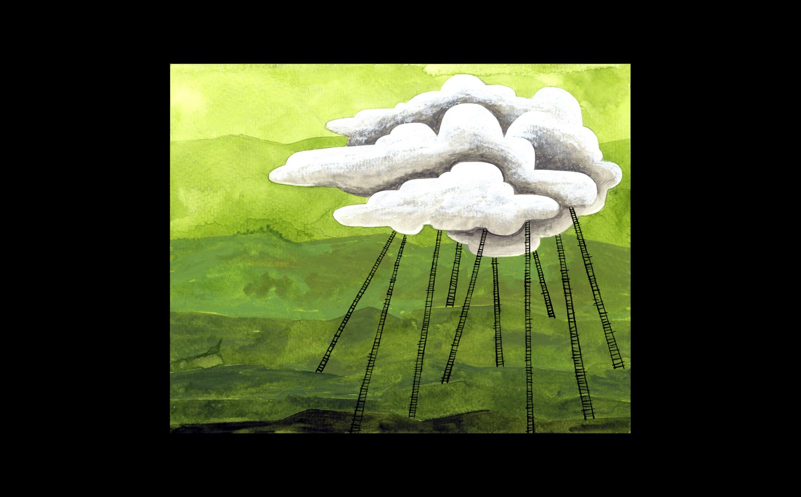 An illustration of clouds with ladders reaching down to the ground
